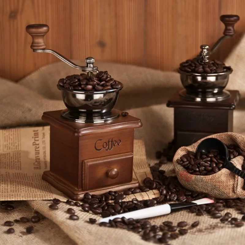 Vintage Classic Hand Crank Solid Wood Bean Grinder Ceramic Core Coffee Bean Grinder Mill Coffee Machine Mini Home