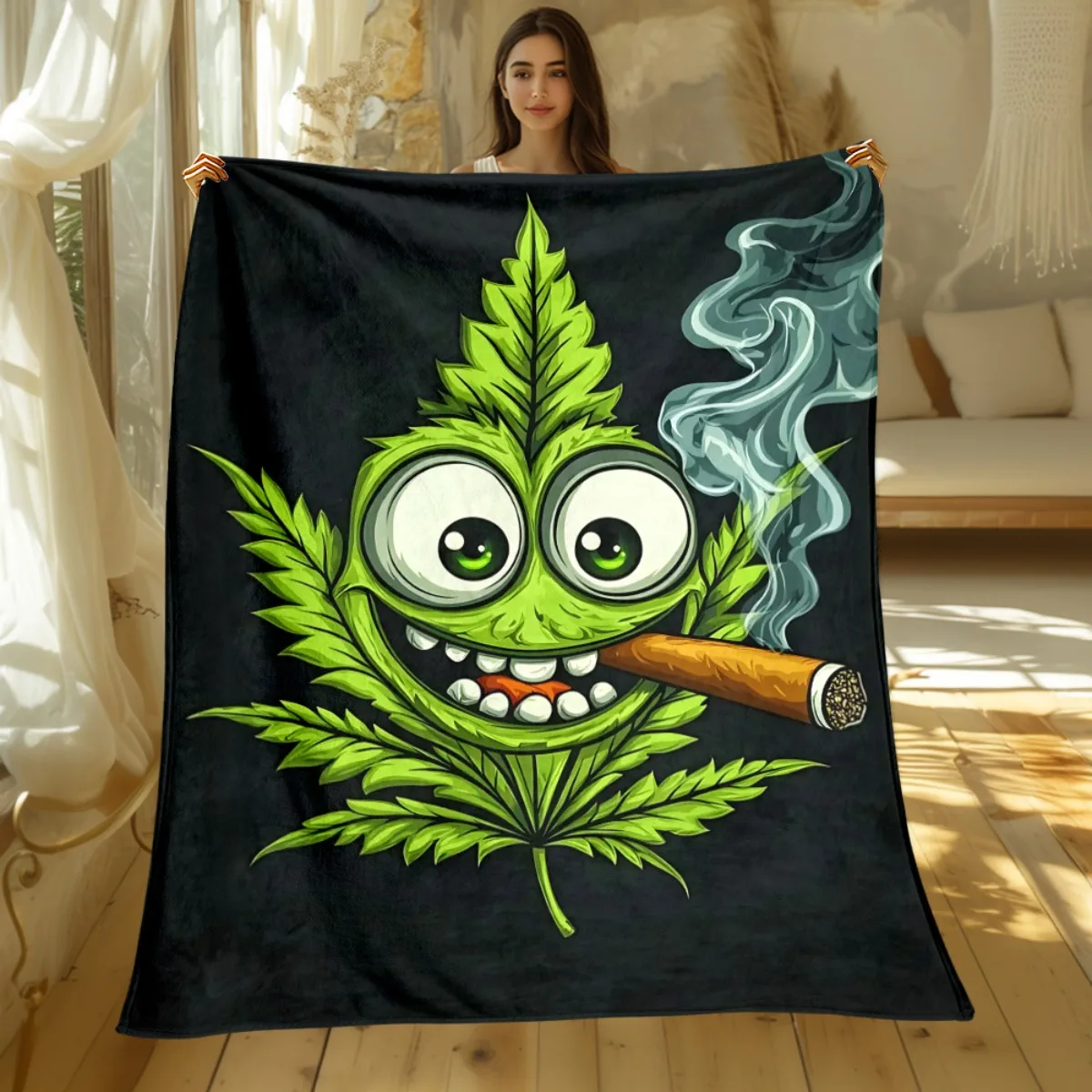 Funny cannabis leaf face smoking joint flannel blanket stoner humor blanket weed lover gift marijuana themed throw blanketformen