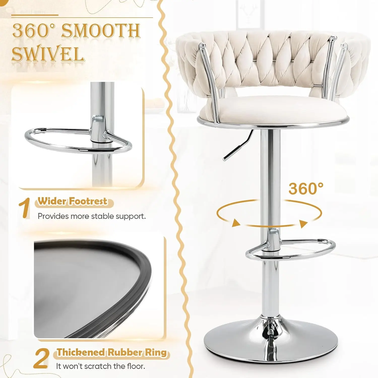 Velvet Swivel Bar Stools Set of 4, Modern Adjustable Barstools with Woven Back, Counter Height Bar Stool with Silver Leg, Uphols