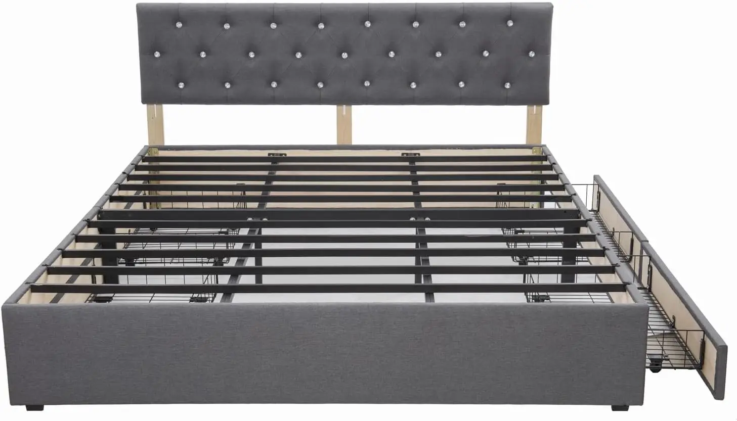 Bed Frame with Adjustable Headboard Platform Bed Frame Linen Fabric Upholstered Headboard with 4 Drawers Storage