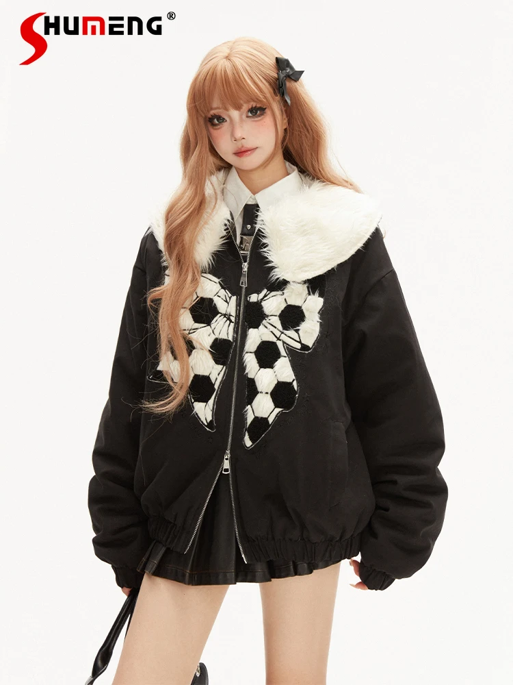 Highstreet Sweet Cool Style Bow Patch Embroidery Plush Collar Zipper Cotton Padded Coat Loose Thickened Warm Jacket Women Winter