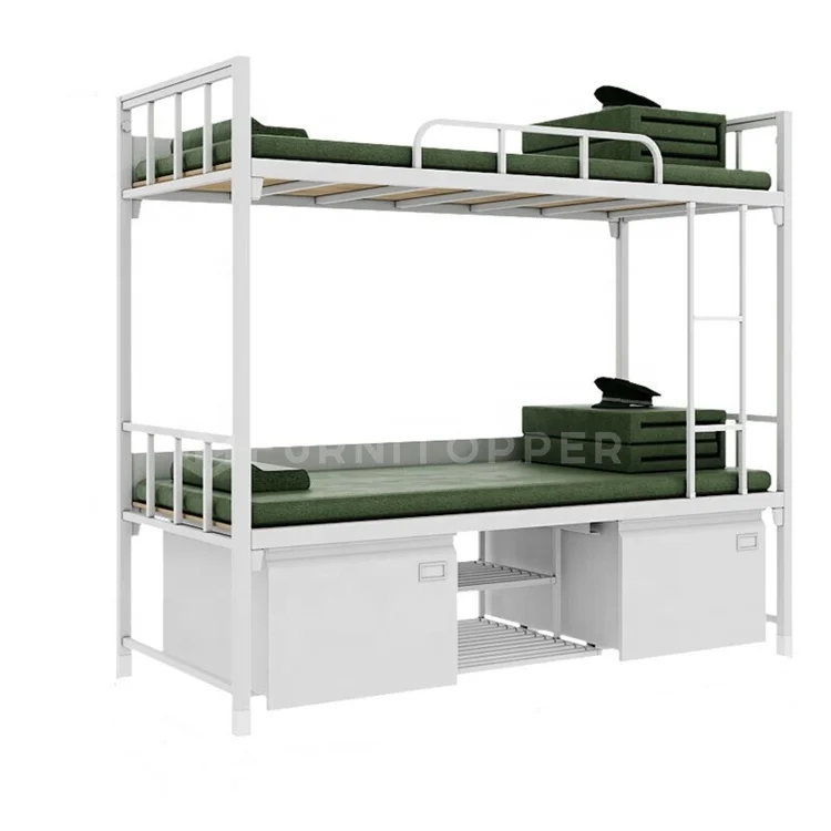 Modern Bedroom Furniture Iron Steel Double Layer Bed Metal Bunk Bed with Bottom Storage Cabinet