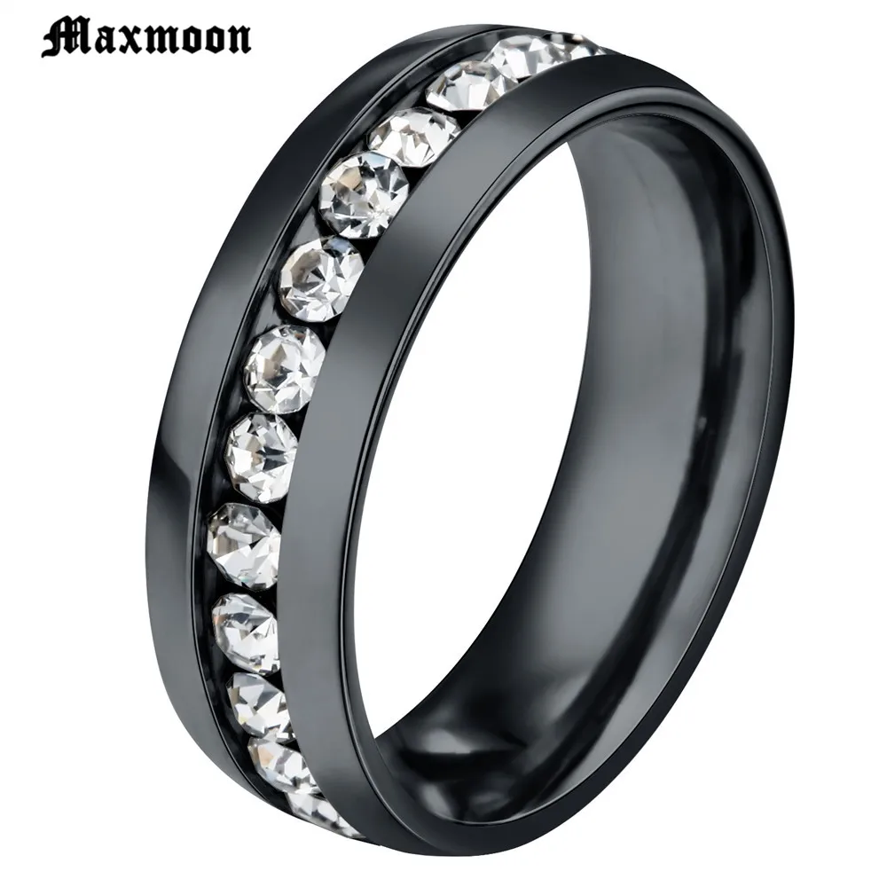 Maxmoon 6mm Oblique Zircon Carving 316L Stainless Steel finger Engagement Wedding rings for women and men