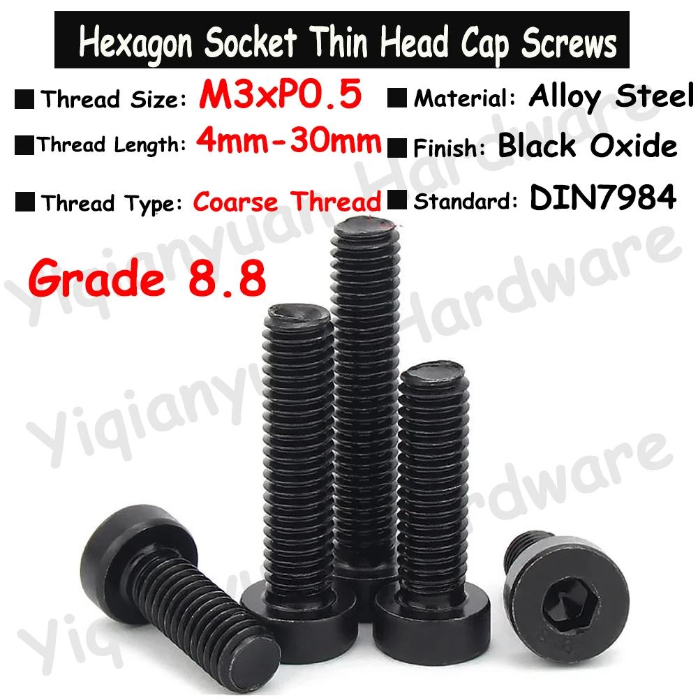 Yiqianyuan M3xP0.5 Thin Head Cap Screw Grade 8.8 Alloy Steel Hexagon Socket Black Allen Key Bolt Low Short Profile DIN7984