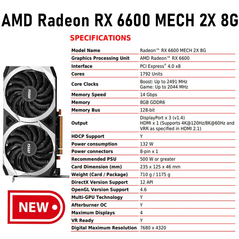 MSI Radeon RX 6600 MECH 2X 8G Новый GDDR6 128bit 7nm RX6600 видеокарты GPU графическая карта для настольного компьютера Поддержка AMD Intel CPU материнская плата