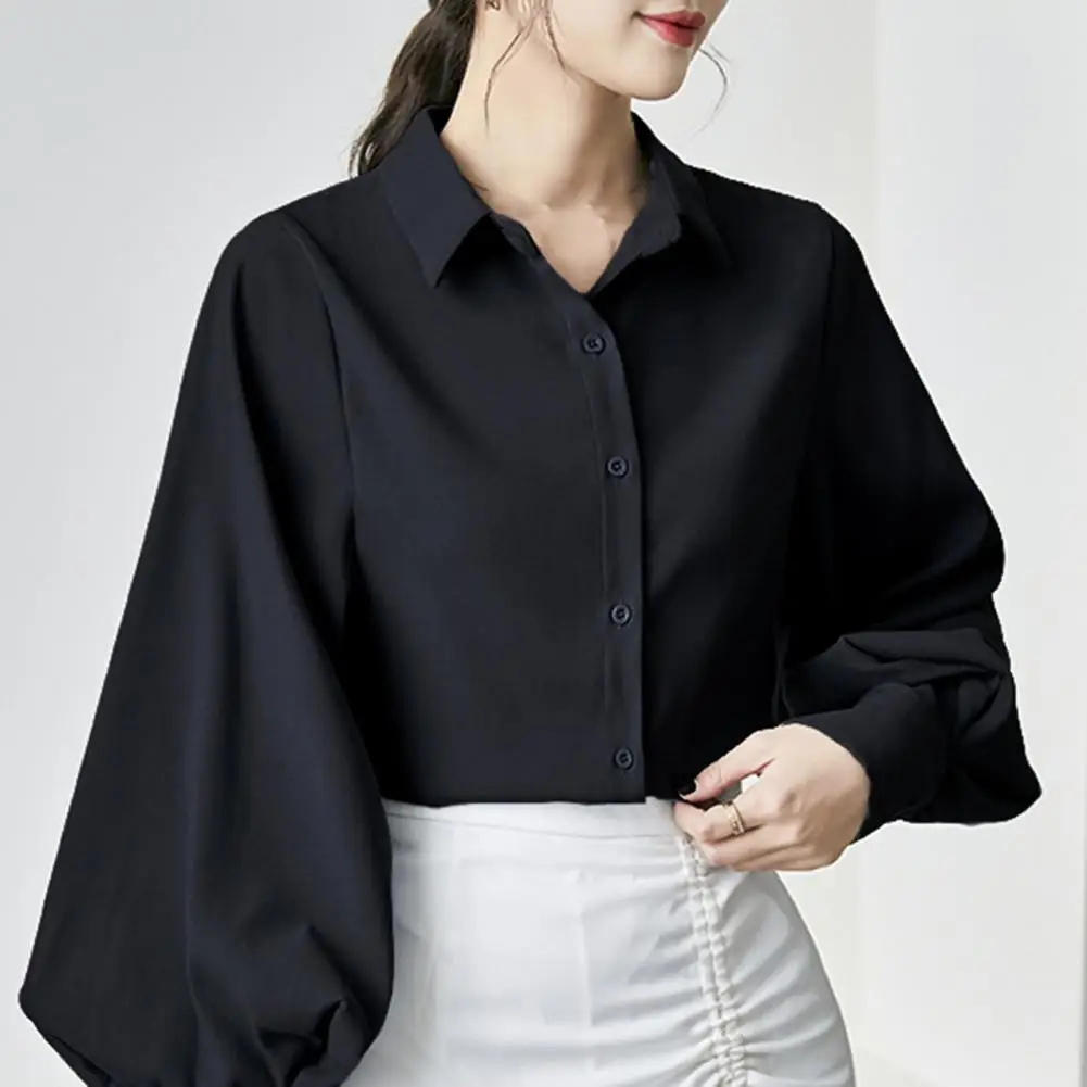 Solid Color Shirt Lantern Sleeve Lapel Collar Women's Shirt Solid Color Loose Fit Work Casual Top for Daily Wear Lightweight