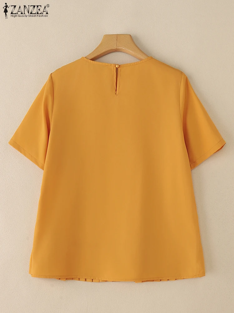 Camicette estive a maniche corte ZANZEA Tunica solida da donna Top Camicia da lavoro casual alla moda Elegante O Collo a pieghe Blusas Chemise allentato