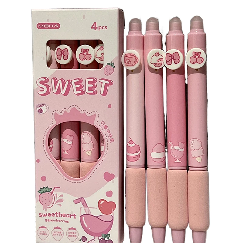 Kawaii Cartoon Erasable Gel Pen, Ferramenta De Escrita Suave, Secagem Rápida, Material De Escritório Escolar, Papelaria Estética, 4Pcs