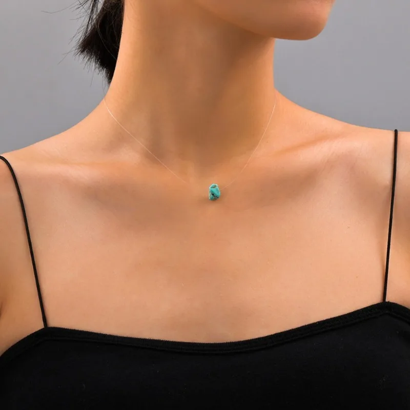 Fashion Simple Invisible Fish Line Choker Irregular Turquoise Teardrop Imitation Pearl Pendant Necklace for Women Travel Jewelry
