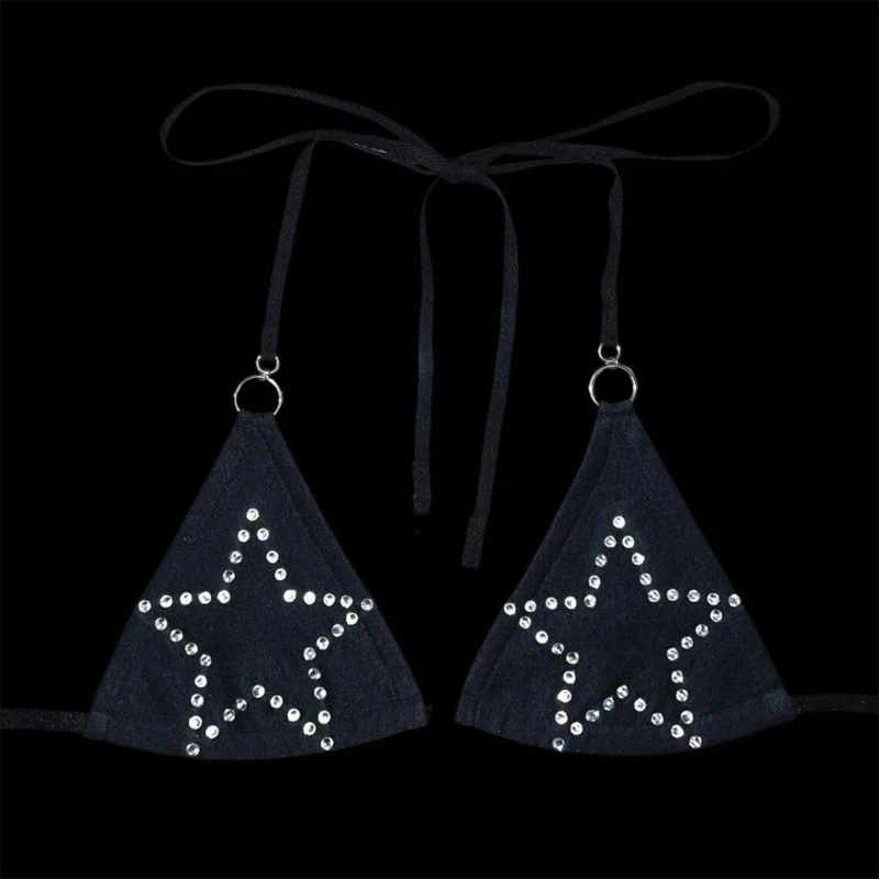 

Women Glitter Star Rhinestones Triangle Bra Halter Bikini Tops Hot Girls Summer Sexy Lingerie Backless Bralette Y2K Streetwear