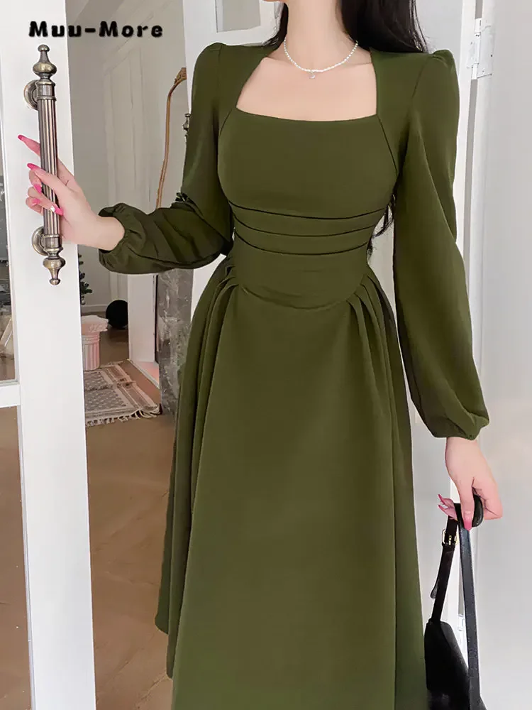 2024 Spring Vintage Long Sleeve Solid Color Midi Dresses Summer Women Elegant Classic Square Collar Office Lady Slim Fit Dress