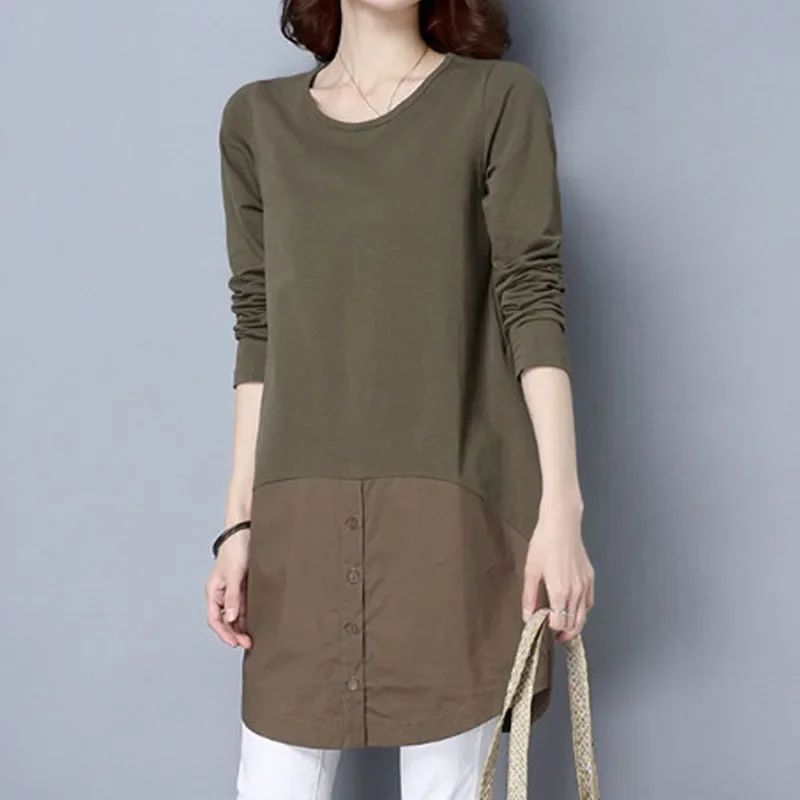 

Women's Casual Button Spliced T-shirt Spring New Round Neck Fashion Commute Solid Color Long Sleeve Tops Female Clothing N106