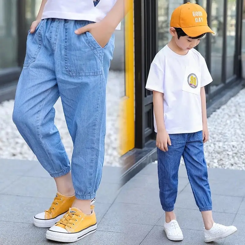 2024 New summer children's boys girls Thin jeans stripe  Casual  pants thin section trousers