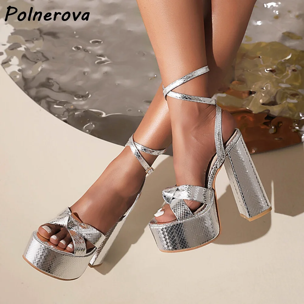 Metallic Snake Print Platform Sandals Block Heel Women Peep Toe Ankle Strap Bow Party Shoes Summer Twist Gold Silvery Shoes