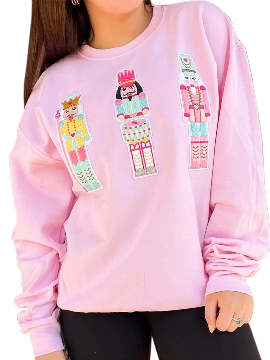 ผู้หญิงฤดูใบไม้ร่วงหลวมเสื้อสวมหัวทหารปักแขนยาวลูกเรือคอเสื้อสเวตเตอร์ขนาดใหญ่