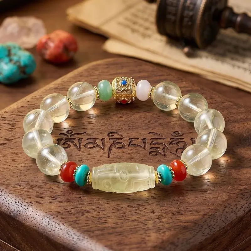 Natural Lemon Yellow Crystal Bracelet for Women, Vintage Style Beaded Wrist Jewelry with Nine Eye Dzi Bead, New Chinese Aestheti