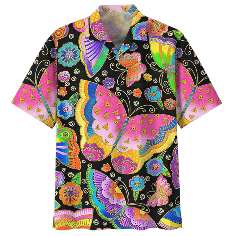 Colorful Butterfly Hawaiian Shirt For Men Hot Sale Summer Beach 3d Printed Animal Shirts Lapel Short Sleeves Women Button Blouse