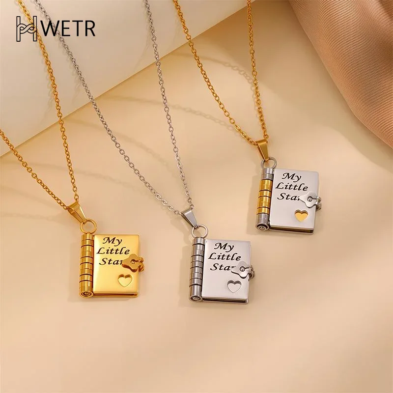 الفولاذ المقاوم للصدأ بلدي ليتل ستار نقش كتاب قلادة قلادة لابنة الحب قابلة للفتح مع 7 صفحات هدية سلسلة سترة المرأة #3