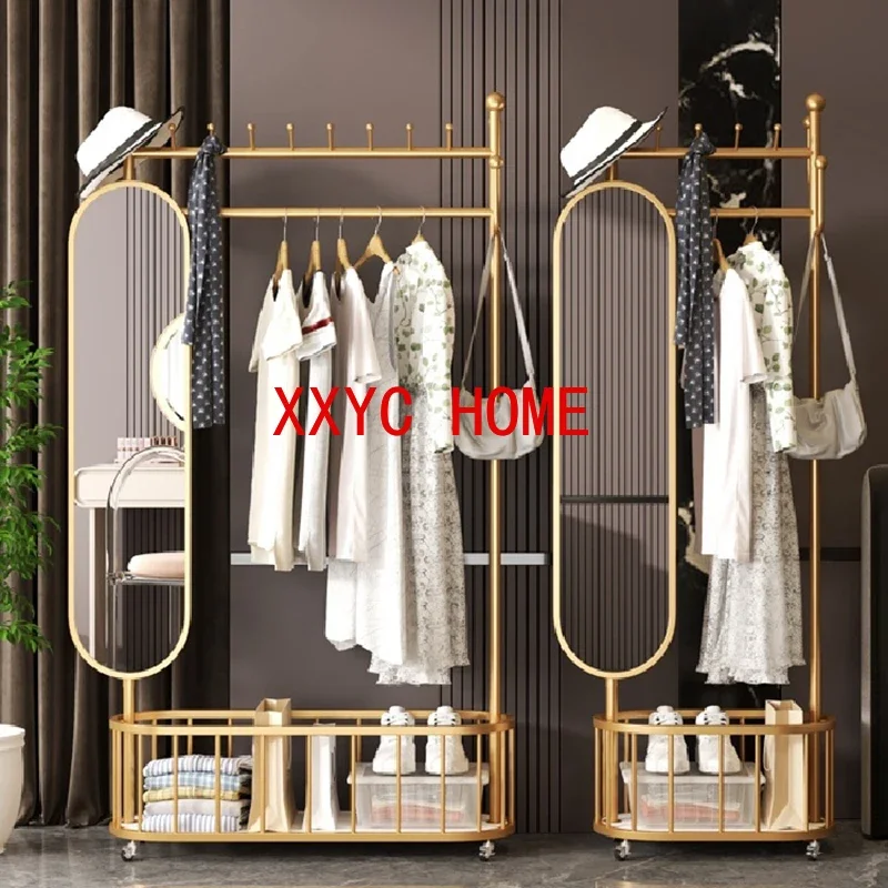Metal Wardrobes Coat Racks Mirror Display Moving Floor Garment Coat Racks Open Nordic Hotel Clothes Perchero Home Furniture