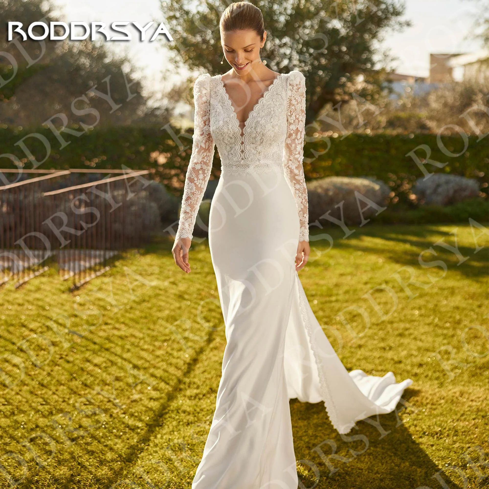 

RODDRSYA Длинное свадебное платье Элегантное свадебное платье с длинными рукавами и v-образным вырезом с кружевной аппликацией Русалка с открытой спиной Свадебные платья по индивидуальному заказу Длинное свадебное плат