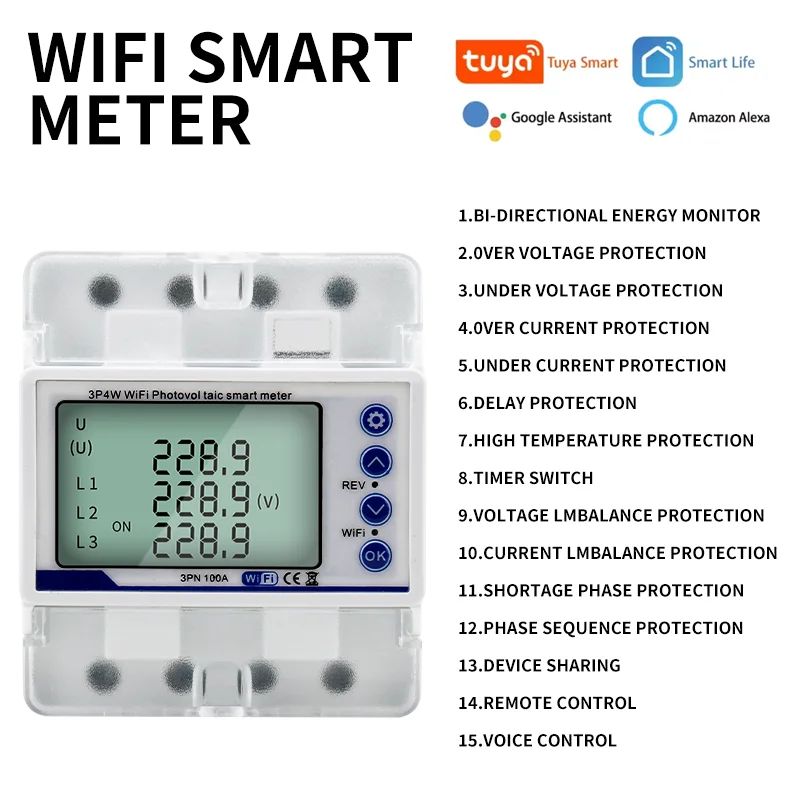 【Protección bidireccional y completa】 Medidor kWh trifásico Tuya WiFi 380V 100A, OVP/UVP y interruptor de relé de límite de corriente