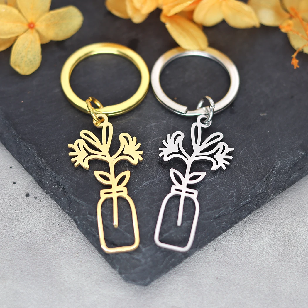 Birth Flower Key Chain Key Ring Birth Flower in Vase Stainless Steel for Jewelry Key Chain Key Ring Birthday gifts