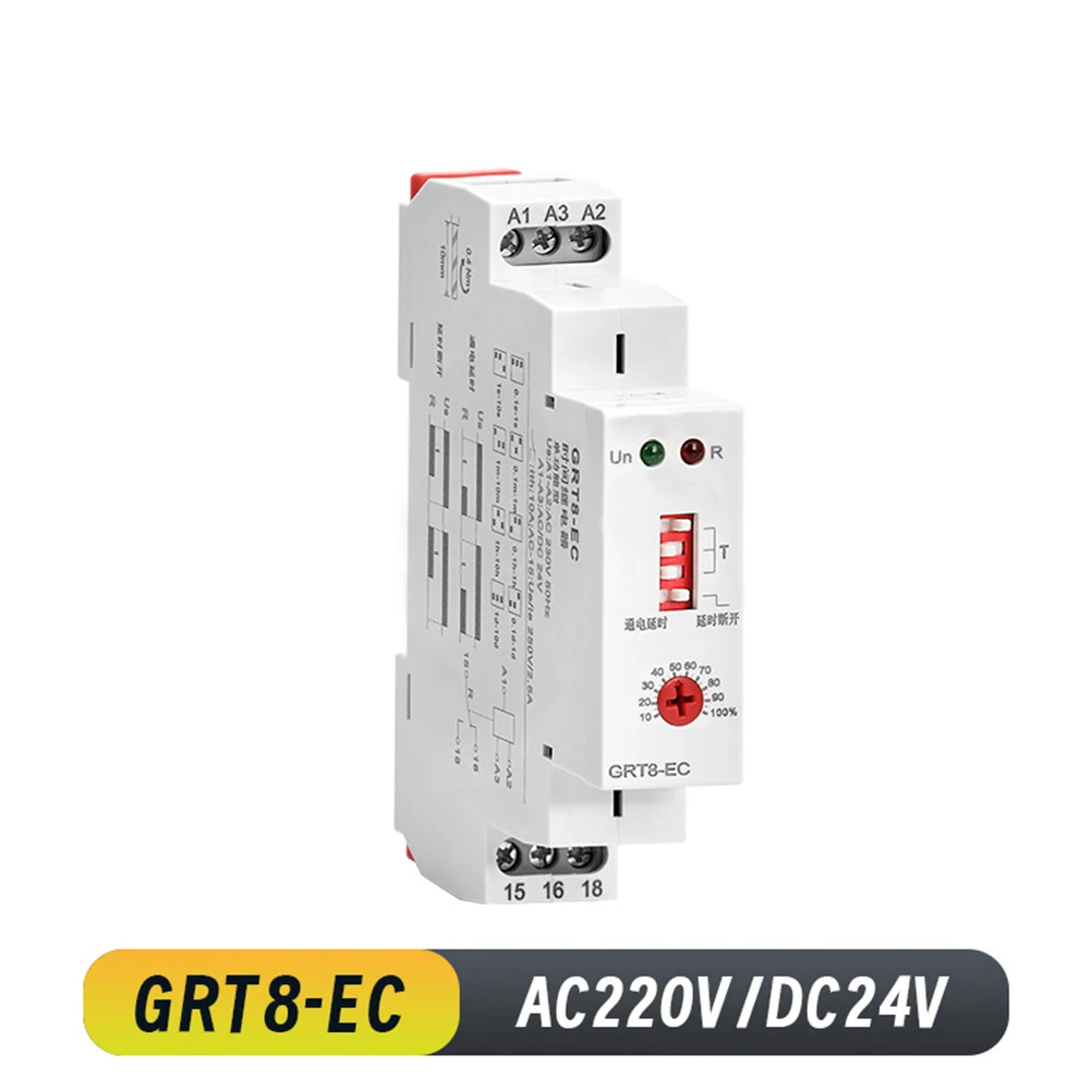 GRT8-EC Small Multifunctional Time Relay With LED Indicator 230V OR AC DC24V 10A A1-A2 (AC220V), A1-A3 (AC/DC24V)