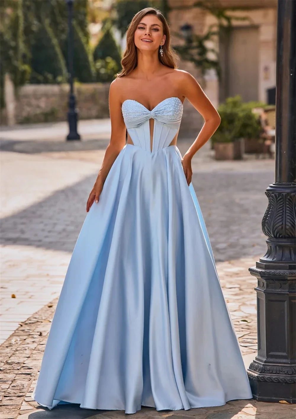 

Новинка 2025, небесно-голубое вечернее платье, милое атласное длинное платье с вырезом из бисера и вырезом для выпускного вечера, пышное платье Robe De Soiree