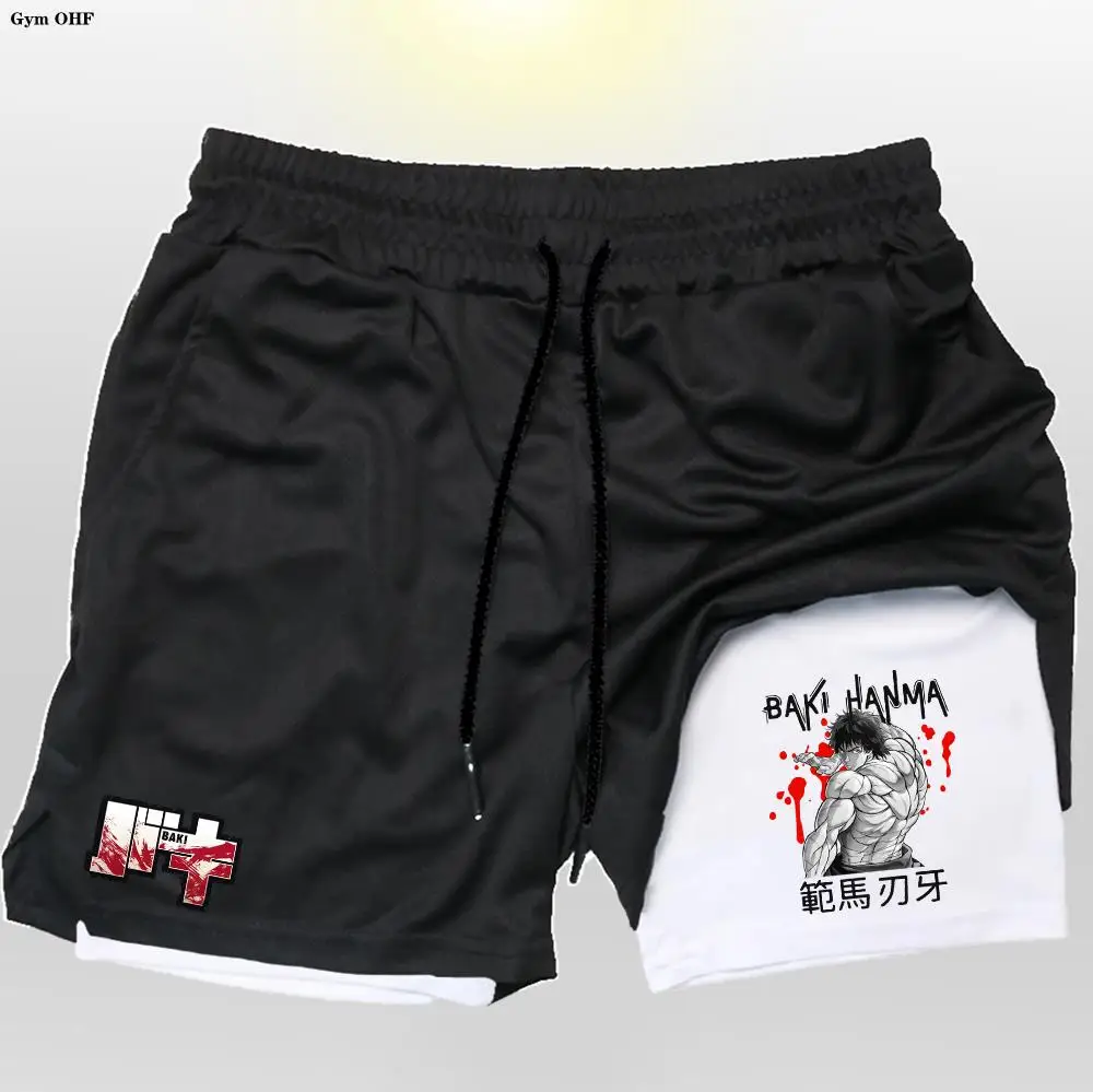 Mens Shorts Anime Baki Hanma Sport 2 in 1 Gym Shorts Jogging Running Training Breathable Fitness Double Layer Short Pants Man