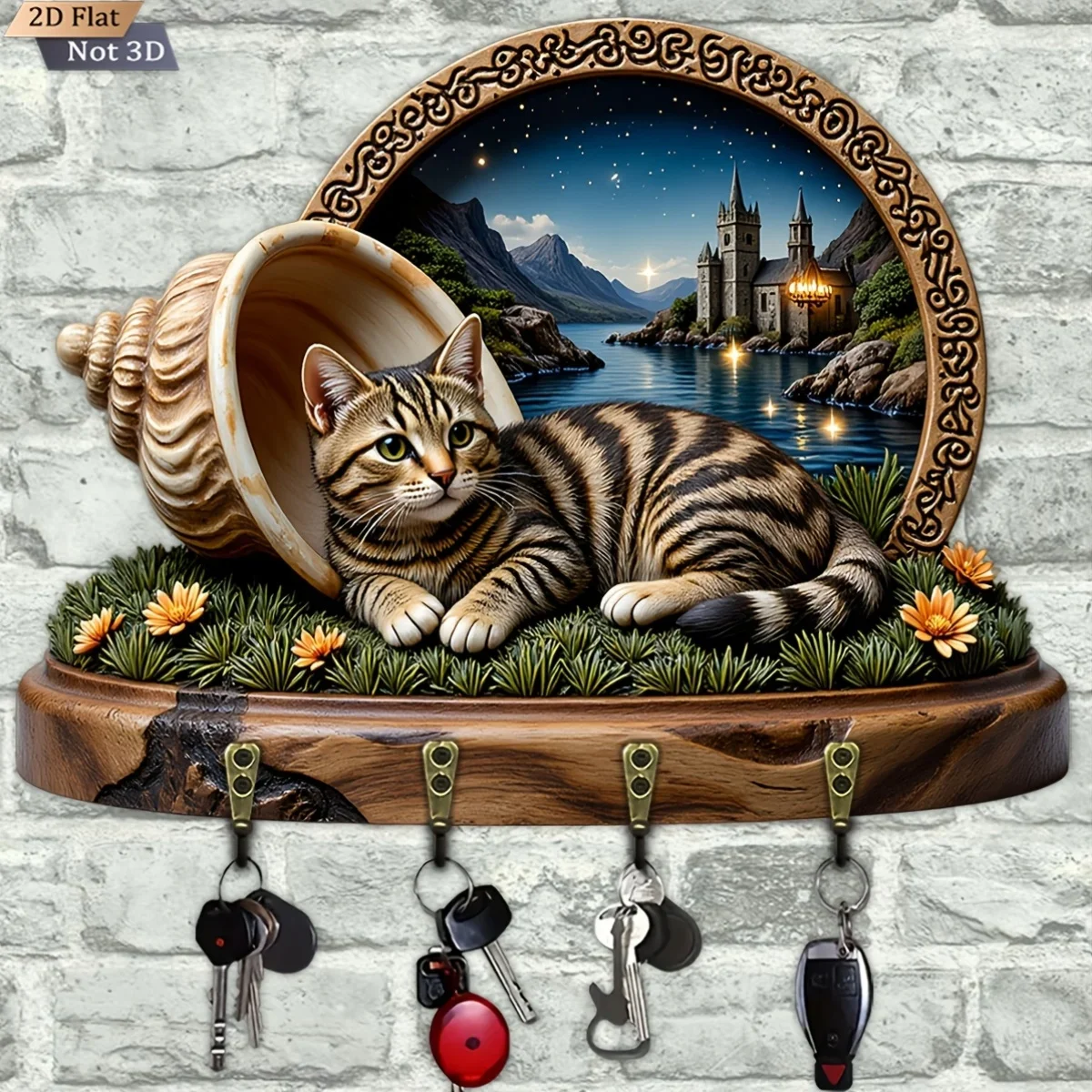 2D Flat, 1pc, Tabby Cat Conch Key Hook Wooden Multifunctional Home Key Holder with Four Metal Hooks, Wall Decoration, Porch