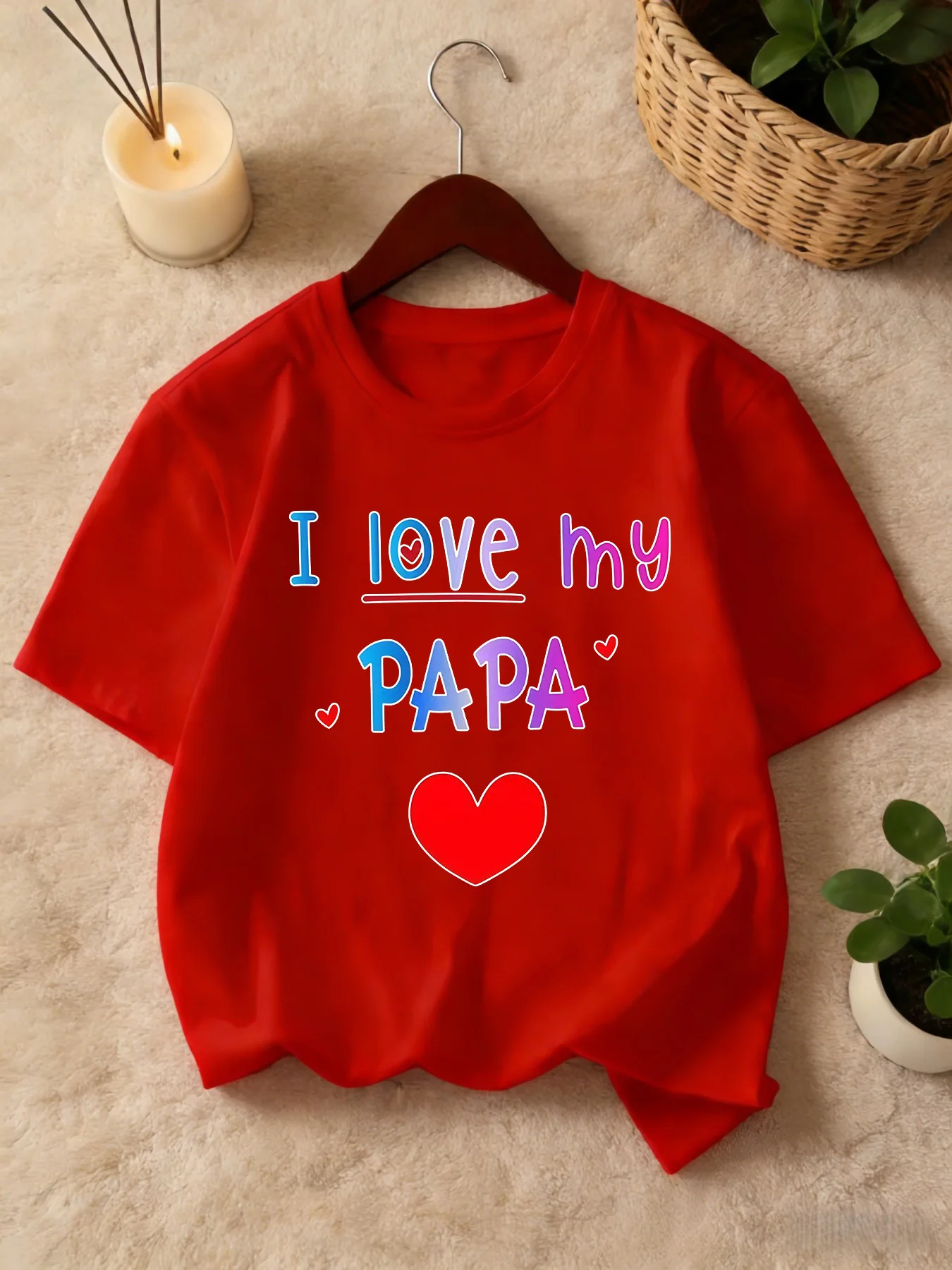 Family Matching Tee I Love My Papa Heart Letter Print Short Sleeve Boys Girls Parent Child Daily Comfort Basic Soft Holiday Tops