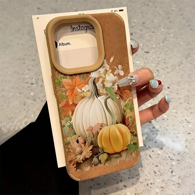 

Maple Leaf Pumpkin Print Halloween Faux Leather Phone Case For iPhone 17 16 15 14 13 12 11 Pro Max XS X 16PLUS 17AIR Soft Cover