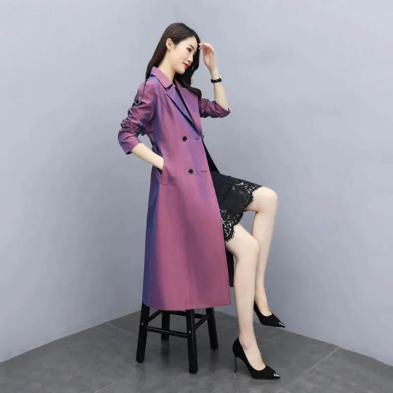 Purple Women\'s Windbreaker Coats 2023 Spring Autumn New Chameleon Chic Long Trench Coat Over The Knee Overcoat Outerwear Female