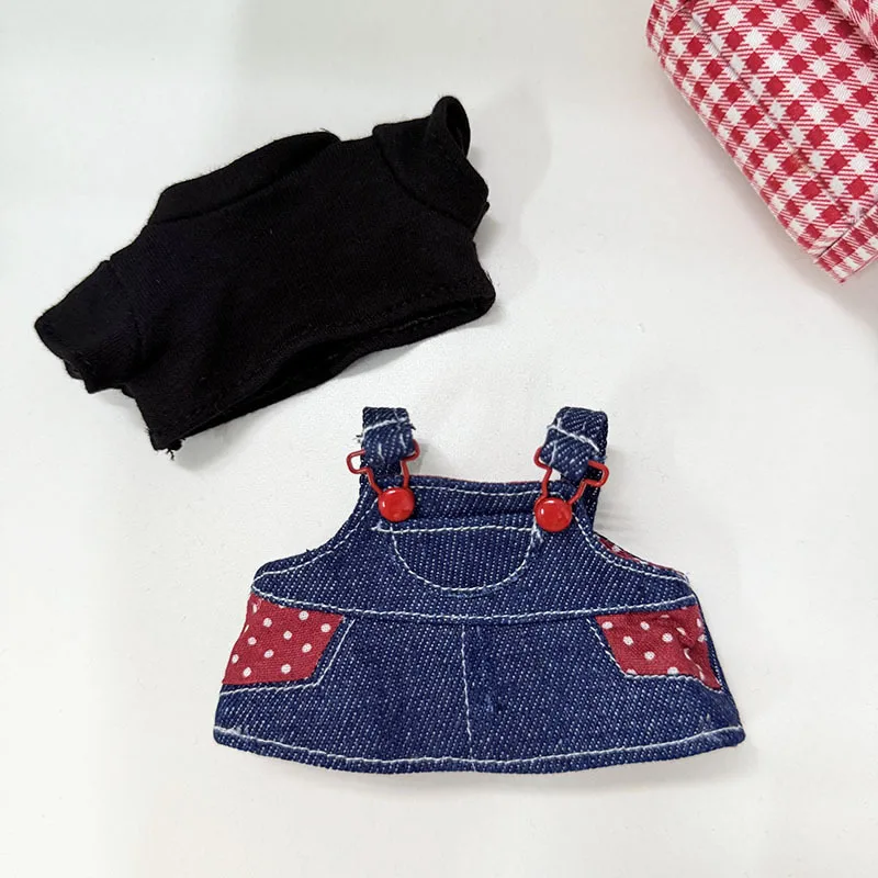 15/17 cm da 1a a 3a generazione LABUBU / DIMOO Abbigliamento con tasche Salopette in denim a pois rosso caramello con cappello da pescatore