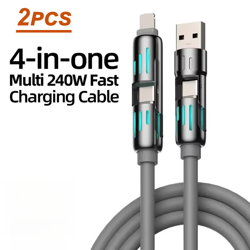 240W Fast Charging and Data Sync MFISH 4-in-1 Multi-Function USB Charging Cable USB, Type C, lightning-Max for iPhone, iPad,