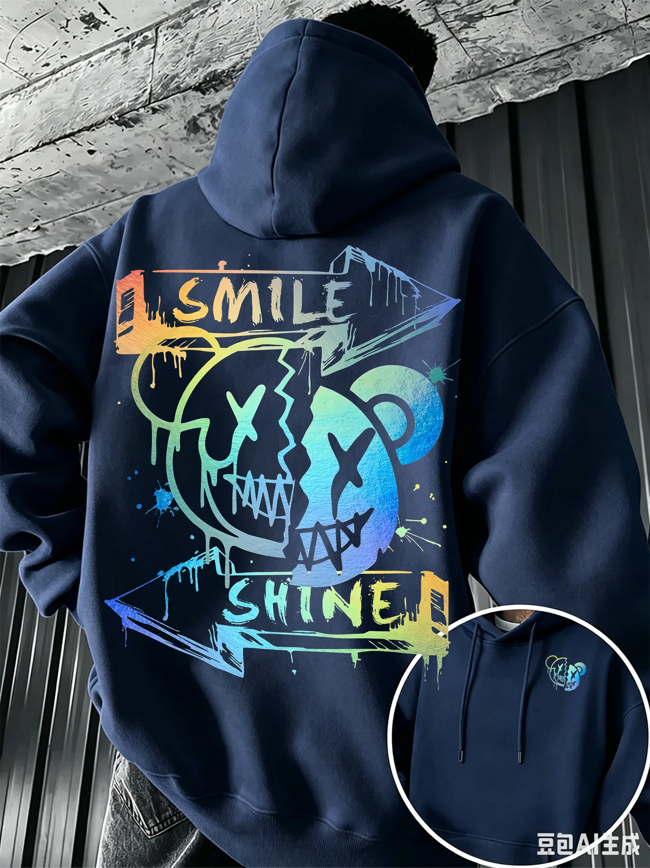 Crushed Bear Men's Sweatshirt with Rainbow Gradient Font Print - Dirty Graffiti Atmosphere Loose Fall/Winter Daily Caped Hoodie