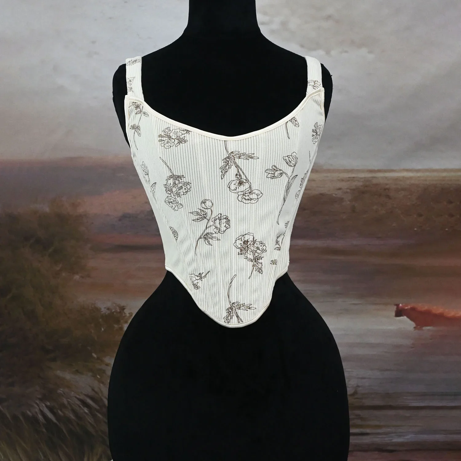 

Sexy Sleeveless White Corsets Soft Corduroy Tank Top Vintage Women Floral Print Lace Up Beige Bustiers Camisole Streetwear