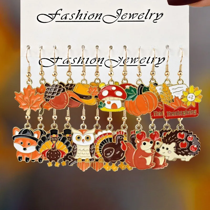 Multi Piece Thanksgiving Earrings Female Personalized Creative Alloy Squirrel Turkey Pumpkin Drip Oil Earrings Female