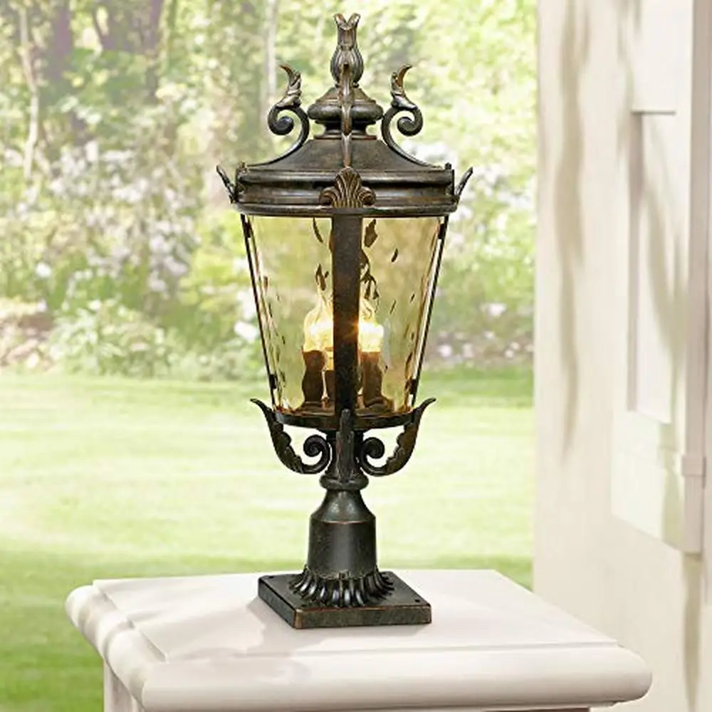 

Industrial Outdoor Pier Mount Light Fixture Bronze Scroll 27" Champagne Glass House Porch Lantern