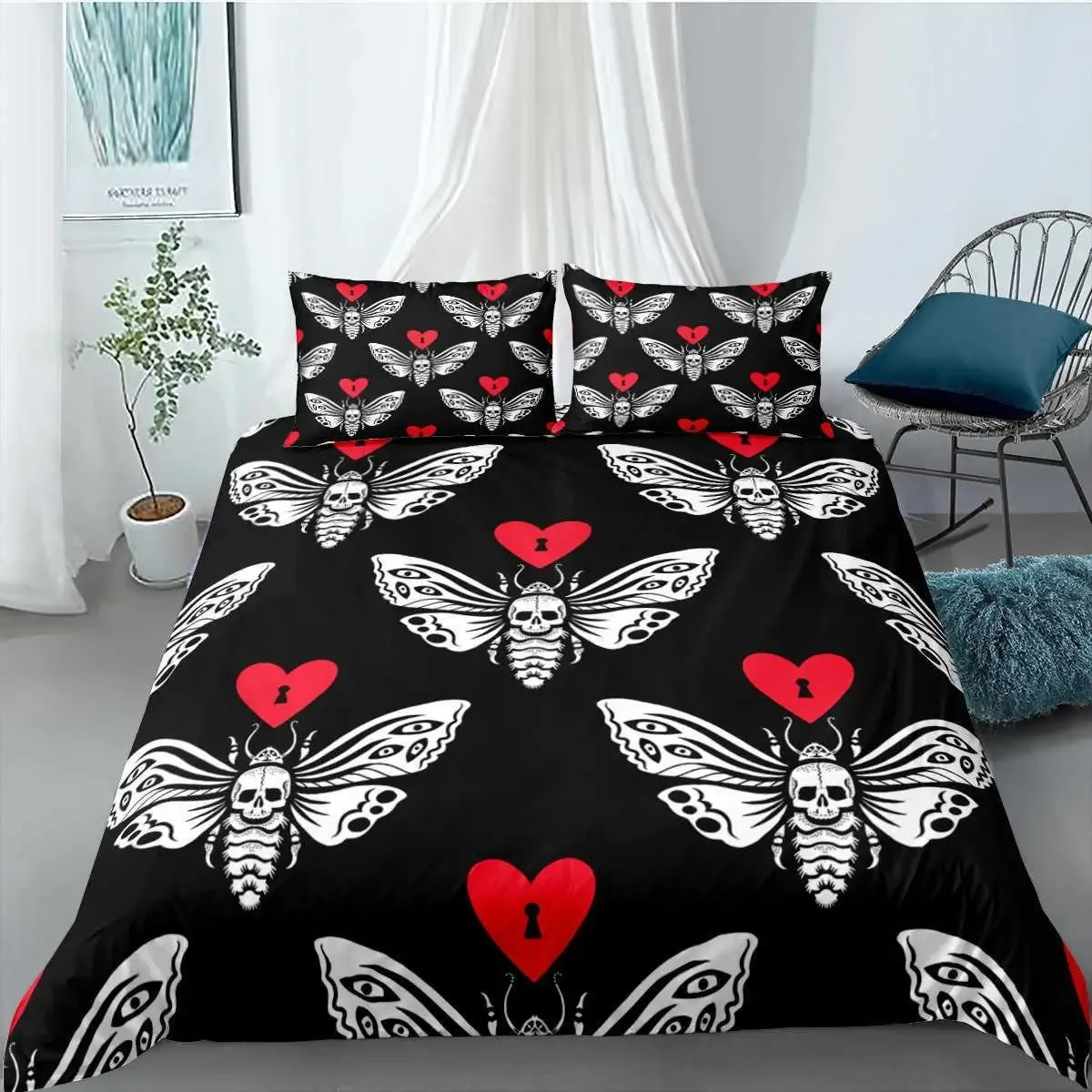 Skull Duvet Cover Set Gothic Death Moth Skull Love Heart Bedding Set For Boy Teen Microfiber Moth Skeleton King Size Quilt Cover