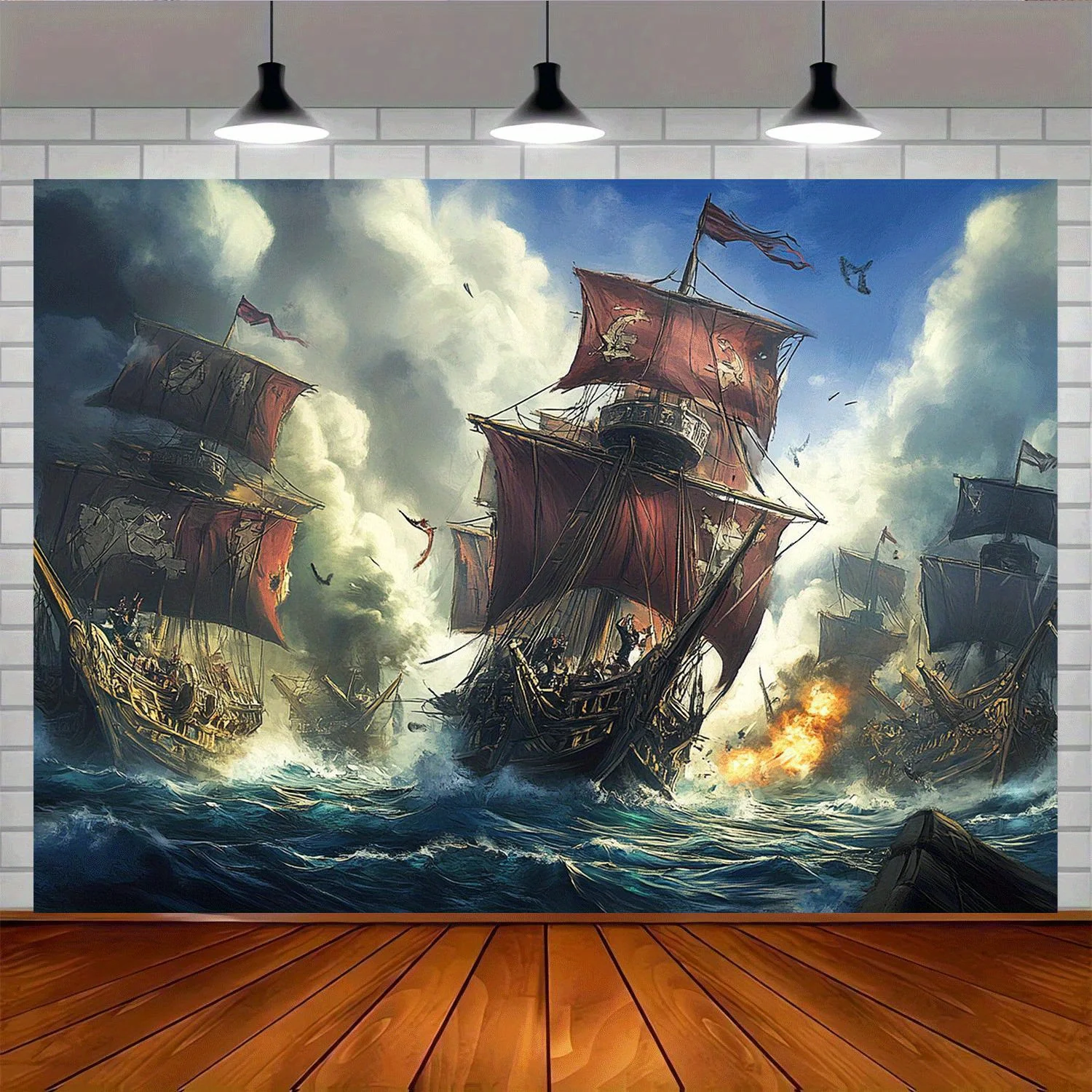 Epic Pirate Battle Ship Tapestry Wall Hanging Nautical Ocean Sea Adventure Canvas Art Home Decor Polyester Decoration forBedroom