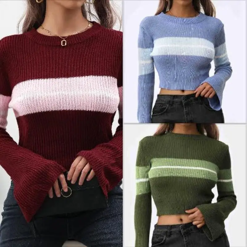 

Short Style Knitted Sweater Women Outerwear Slim Contrast Flared Sleeves Pullover