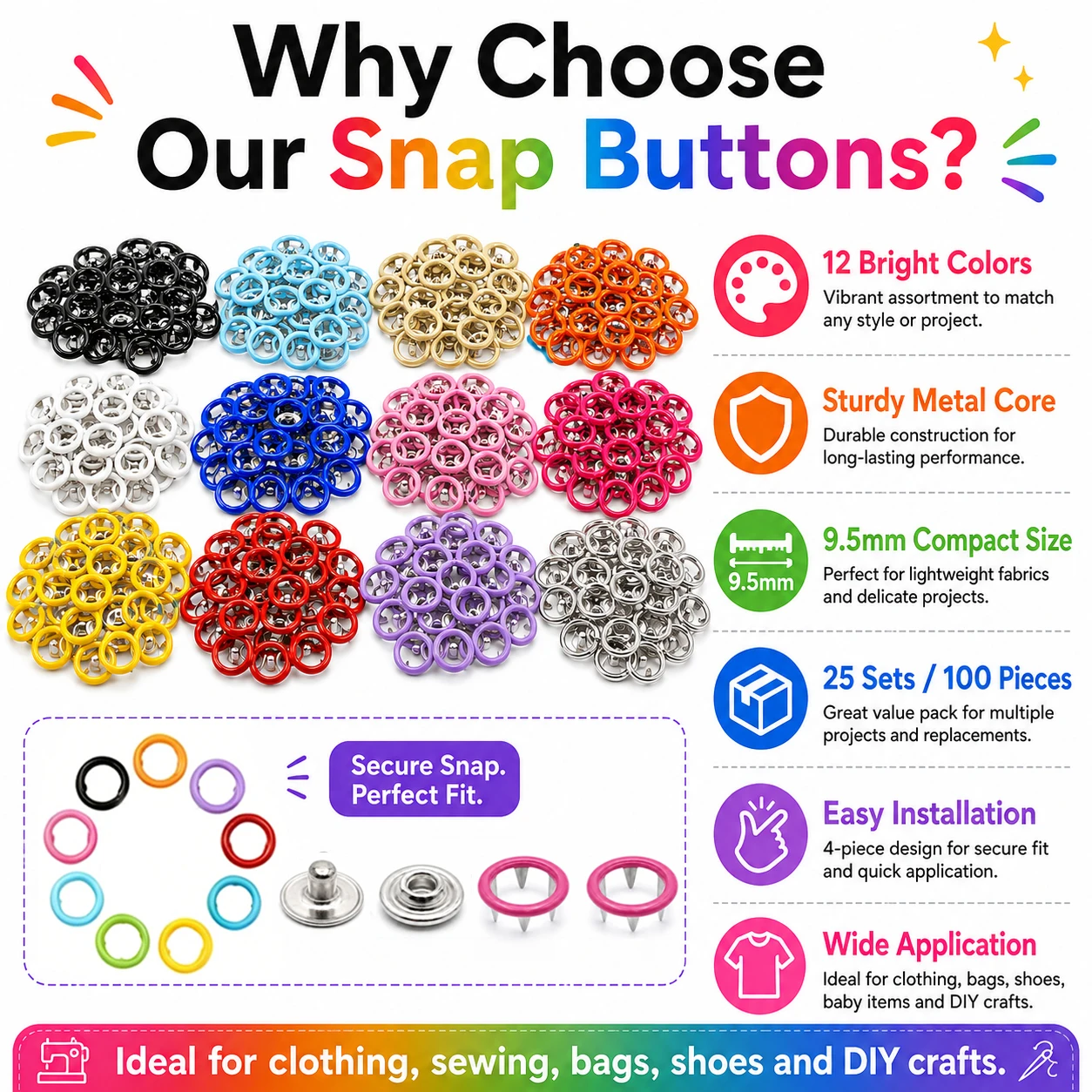 Snap Fastener Set - 25-100 комплектов 9,5 мм, 12 цветов,