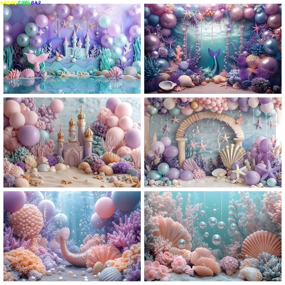 Newborn 1st Birthday Party Photography Backdrop Underwater Castle Mermaid Theme Princess Girls Cake Smash Decor Photo Background
