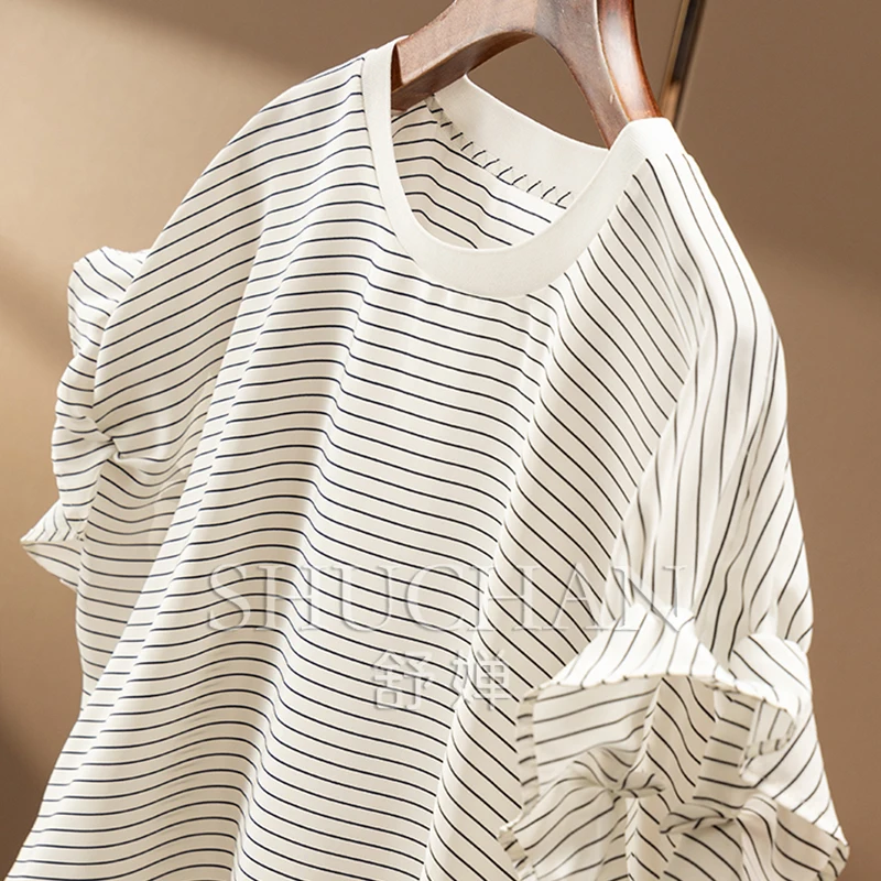قميص نسائي جديد رائع للتنقل فاخر بتصميم مخطط من الحرير بأكمام برعم 04E2 Blusas Mujer De Moda Verano
