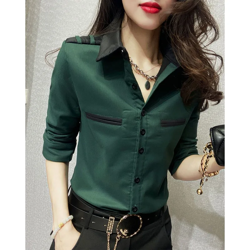 2023 New Spring and Autumn Fashion Style Business Casual Women\'s Oversized Slim Contrast Color Single Breasted Women\'s Shirt