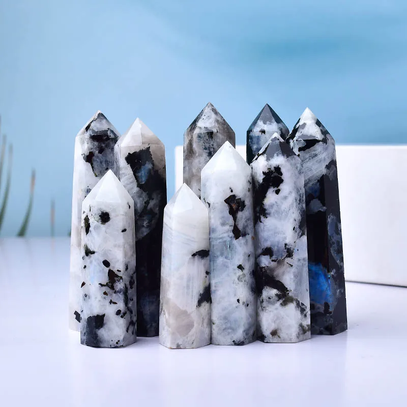 1PC Natural Crystal Moonstone Polished Crystal Point Healing Stone Hexagonal Prisms Obelisk Wand Ornaments For Home Decoration