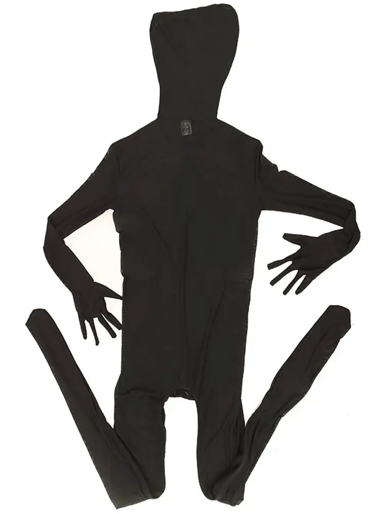 Unisex Separate Finger Mesh Catsuit Bodystocking Zipper Open Crotch Bodysuit Tight Hooded Zentai Leotard Conjoined Jumpsuit Body