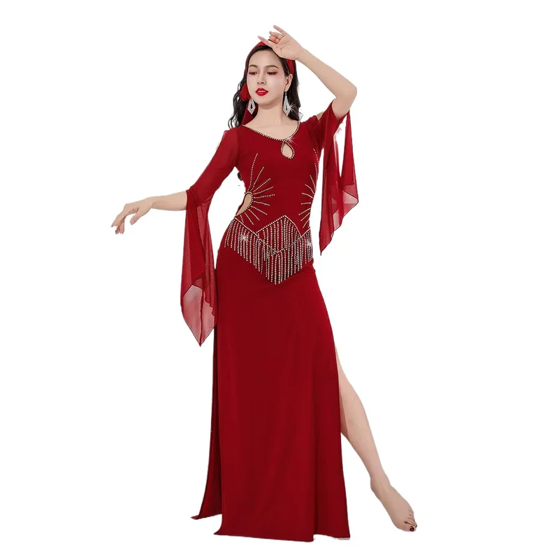 High-end Rhinestone Belly Dance Practice Clothes Saidi Shaabi Oriental Dance Light Rhinestone Robe Performance Racing Suit