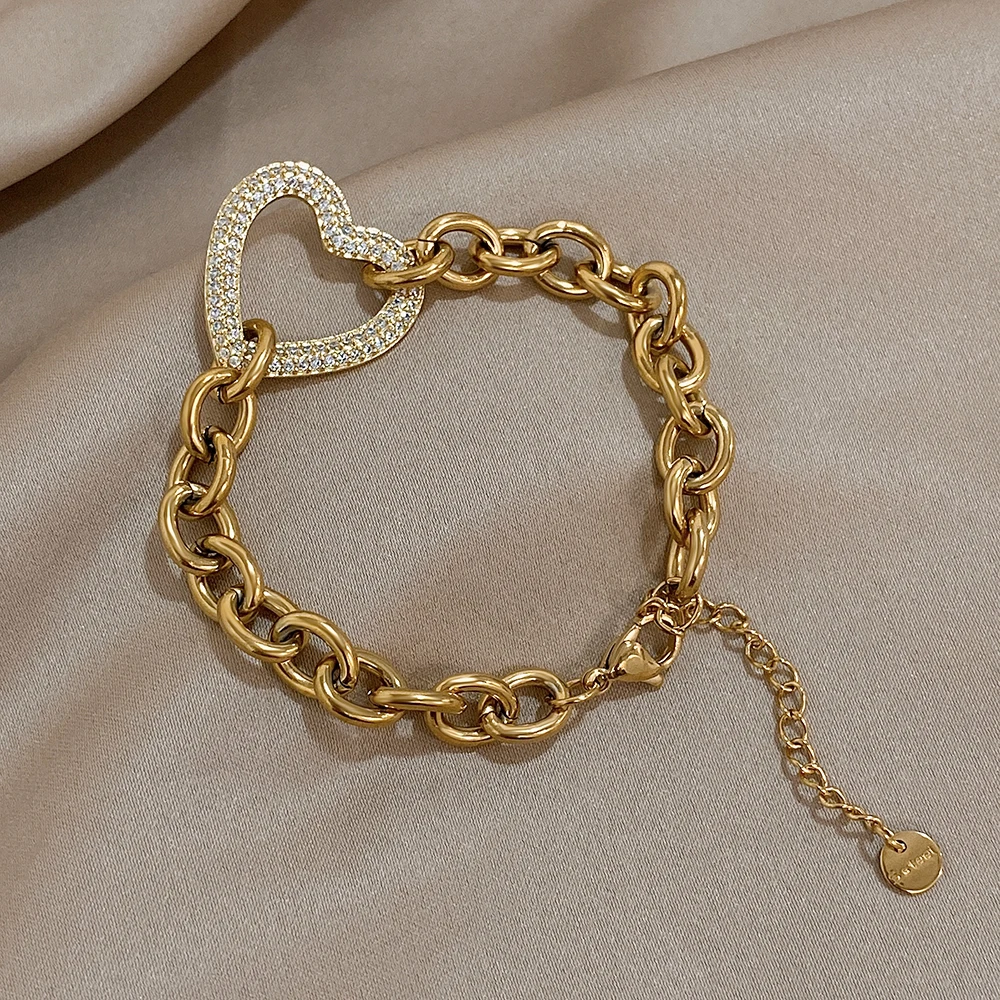 Punk Chunky Gold Color Thick Chain Stainless Steel Bracelets for Women Fashion Big Rhinestone Heart Love Pendant Wrist Jewelry